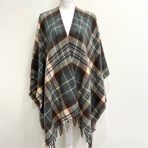 Highland Home Blanket Cape Shawl Stewart Blue Plaid 100% Wool Scotland Fringe